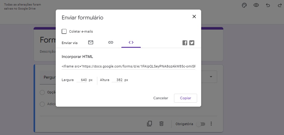 questionário elaborado no Google Forms na disciplina de Atenção