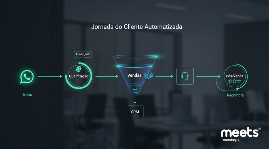 Jornada do cliente automatizada mostrando o workflow de atendimento via WhatsApp integrado ao CRM da Meets Tecnologia, com etapas de qualificação, vendas e pós-venda.