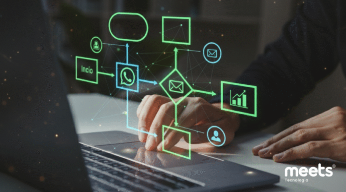 Workflow de atendimento via WhatsApp automatizado representado por fluxos de mensagens