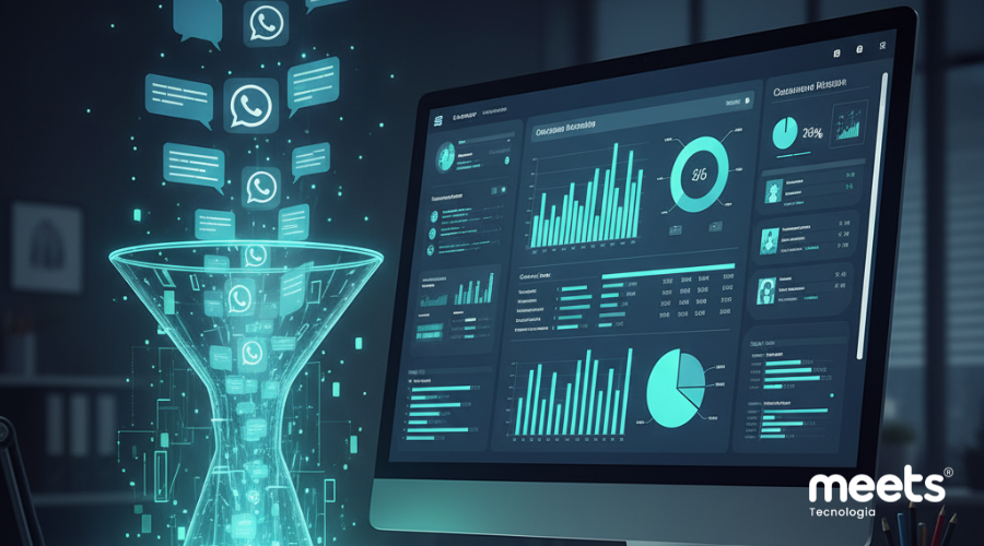 Funil de vendas digital onde mensagens do WhatsApp se transformam em dados e gráficos em um dashboard de CRM para impulsionar vendas com WhatsApp. Meets Tecnologia