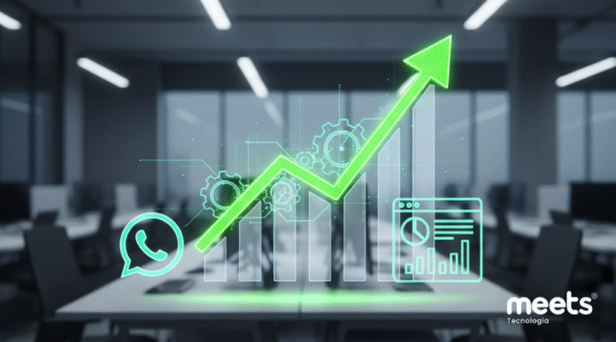 Gráfico de crescimento triplicando com ícones do WhatsApp e CRM em um escritório, simbolizando alta performance e vendas com WhatsApp. Meets Tecnologia