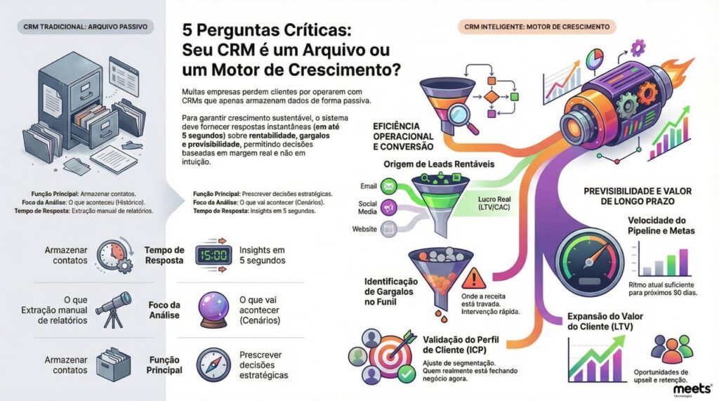 Infográfico comparativo da "Meets Tecnologia" que diferencia um "CRM Tradicional" de um "CRM Inteligente", destacando métricas de velocidade e previsibilidade comercial.