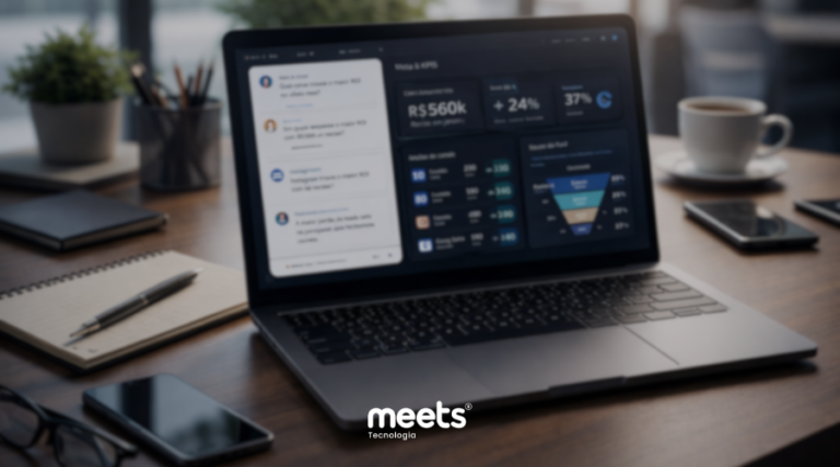Um laptop aberto sobre uma mesa de madeira em um ambiente de escritório moderno e desfocado. A tela exibe o software, apresentando um dashboard de "Metas & KPIs" com gráficos de funil de vendas, métricas financeiras de R$ 560k e uma janela de chat lateral com interações de inteligência artificial sobre ROI e performance de canais. Ao lado do computador, veem-se um caderno, uma caneta, óculos de grau e uma xícara de café. O logotipo "meets Tecnologia" aparece centralizado na parte inferior da imagem.