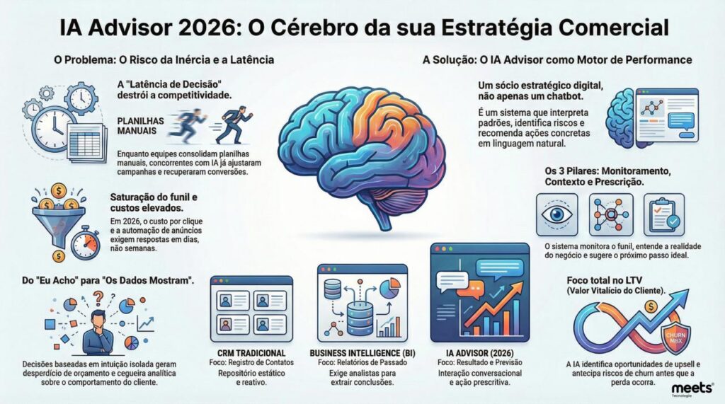 Infográfico da "Meets Tecnologia" explicando o conceito de "IA Advisor" como a evolução do CRM e do BI para 2026, focando em reduzir a latência de decisão e aumentar a previsibilidade de resultados.