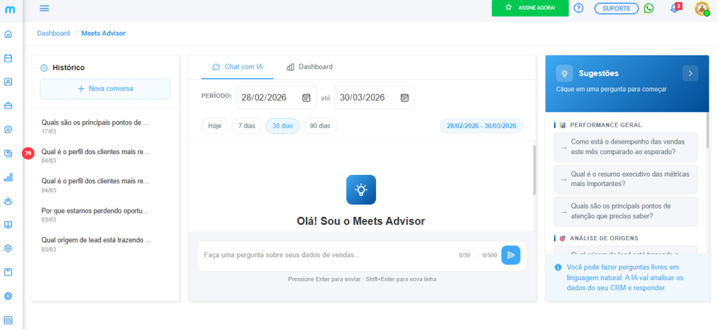 Interface do Meets Advisor, CRM com IA analítica.