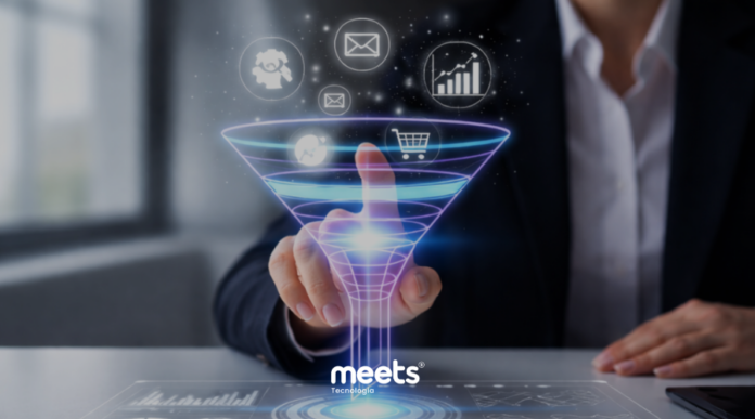 Profissional de negócios em escritório moderno interagindo com um funil de vendas holográfico em tons de azul e roxo, projetado sobre uma mesa digital. Ícones flutuantes de e-mail, engrenagem, gráfico de crescimento e carrinho de compras aparecem acima do funil, representando automação, marketing e análise de dados. A imagem transmite inovação, tecnologia e gestão estratégica orientada por dados.