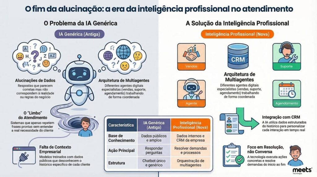 Infográfico comparando a "IA Genérica" (limitada e com falhas) com a "Inteligência Profissional" (integrada ao CRM e focada em resolver demandas reais via multiagentes).