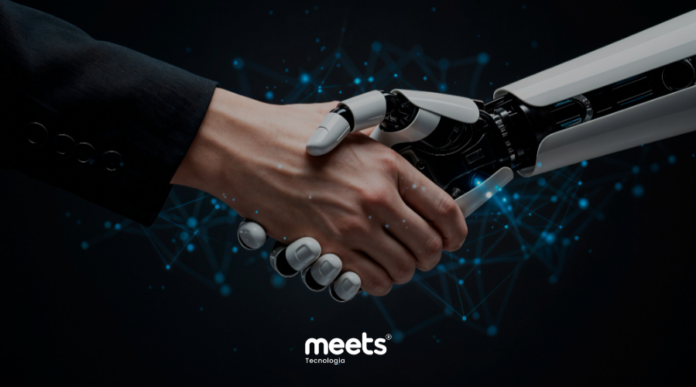 Mão humana apertando a mão de um robô em um fundo tecnológico digital, representando a conexão entre pessoas e inteligência artificial nos negócios.