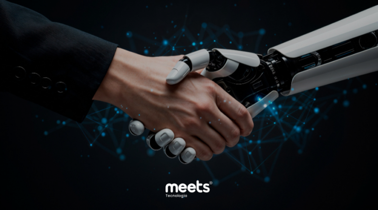 Mão humana apertando a mão de um robô em um fundo tecnológico digital, representando a conexão entre pessoas e inteligência artificial nos negócios.