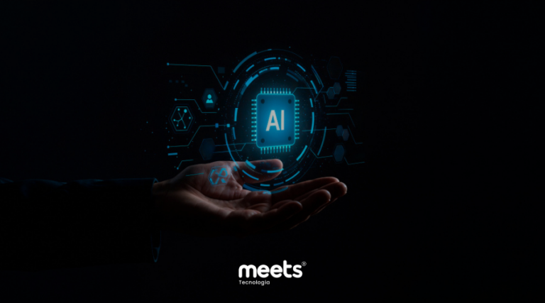 Mão segurando interface digital com ícone de inteligência artificial (IA), representando tecnologia avançada e automação inteligente no CRM da Meets Tecnologia.