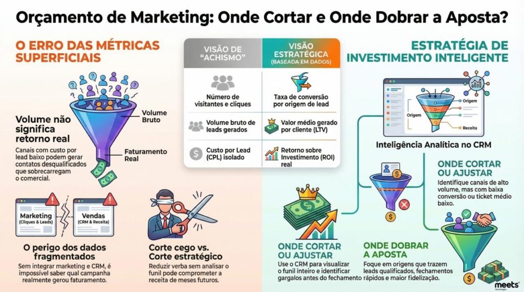 Infográfico sobre orçamento de marketing mostrando o erro de métricas superficiais, comparação entre visão baseada em achismo e análise de dados, e estratégia de investimento inteligente usando Meets CRM para decidir onde cortar ou aumentar investimentos.