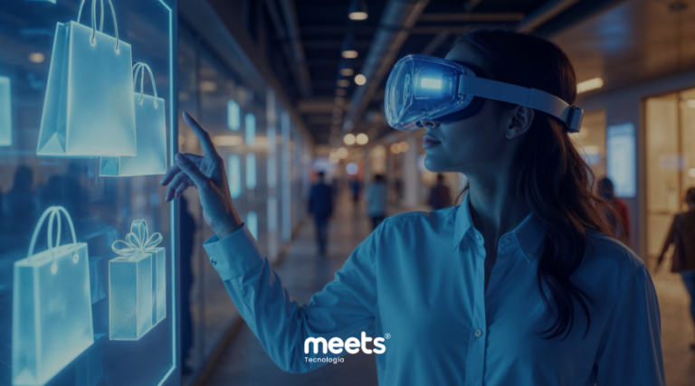 Mulher utilizando tecnologia imersiva analisando produtos digitais, representando como a inteligência artificial identifica padrões de comportamento de compra.