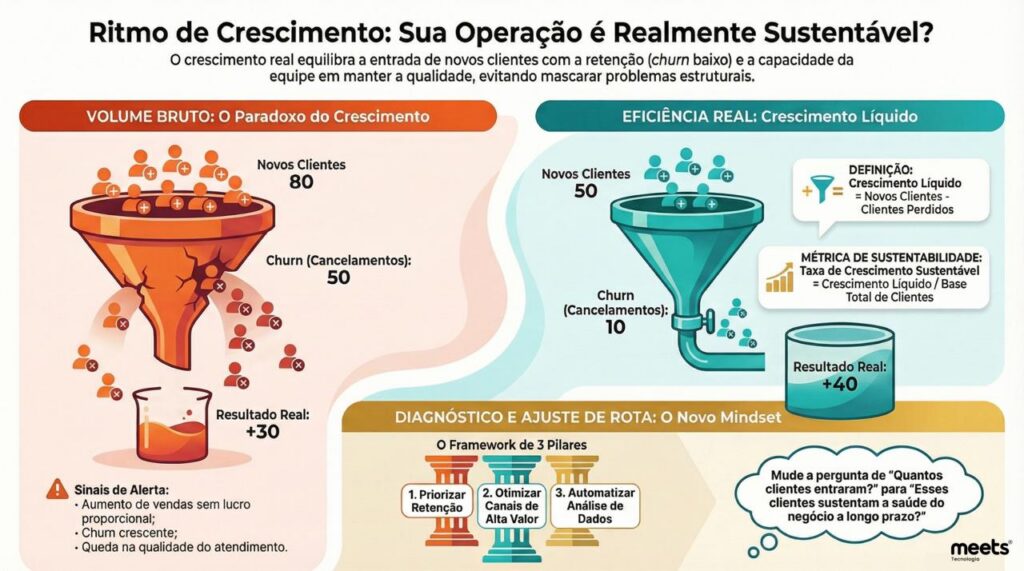 Infográfico comparando crescimento por volume bruto e crescimento sustentável, mostrando relação entre novos clientes, churn e crescimento líquido em funis de vendas.