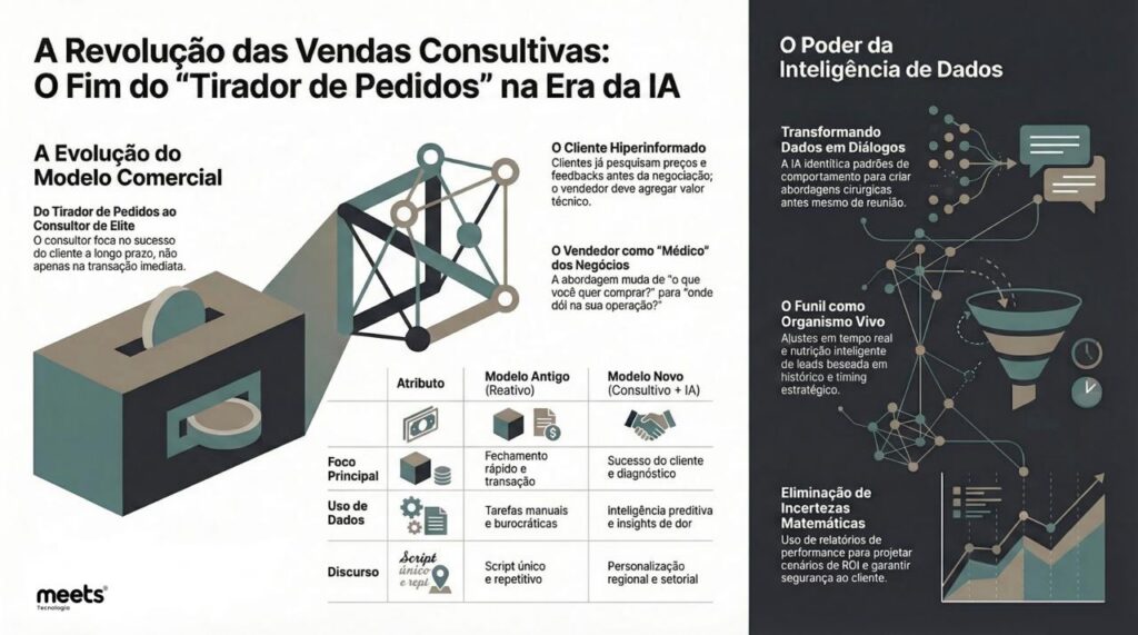 Infográfico da Meets Tecnologia explicando a evolução das vendas consultivas na era da IA, comparando o modelo tradicional de vendas com o novo modelo baseado em dados, inteligência artificial e diagnóstico estratégico do cliente.