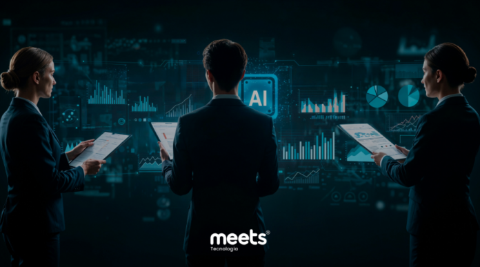 Três profissionais analisando painéis de dados e gráficos digitais com inteligência artificial, simbolizando vendas consultivas, análise estratégica e gestão comercial baseada em dados. Logo da Meets Tecnologia ao fundo.