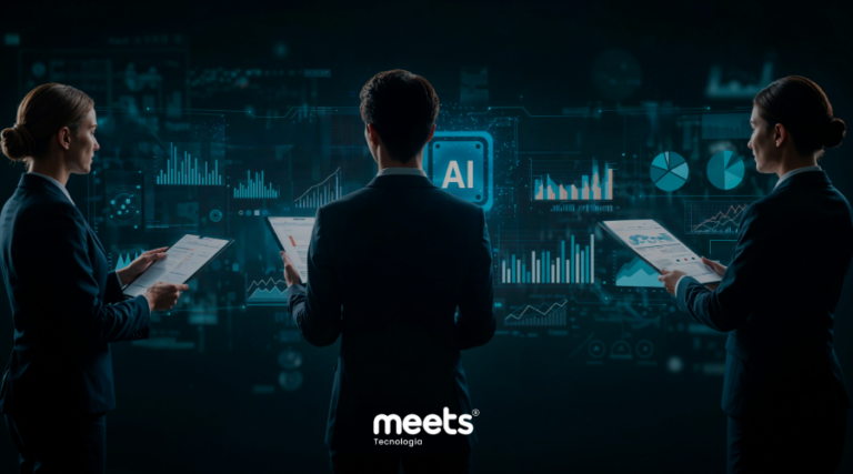 Três profissionais analisando painéis de dados e gráficos digitais com inteligência artificial, simbolizando vendas consultivas, análise estratégica e gestão comercial baseada em dados. Logo da Meets Tecnologia ao fundo.