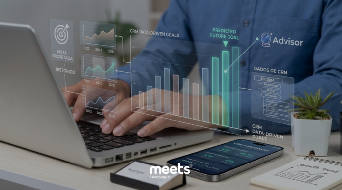 Pessoa trabalhando em laptop e smartphone, com sobreposição de gráficos de dados históricos e projeções de metas futuras com IA.