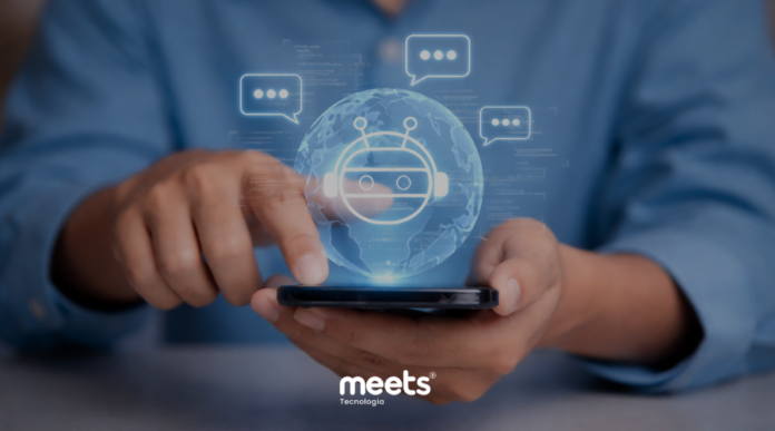 Pessoa utilizando smartphone com interface holográfica de chatbot inteligente, representando atendimento automatizado com IA e comunicação digital em tempo real.