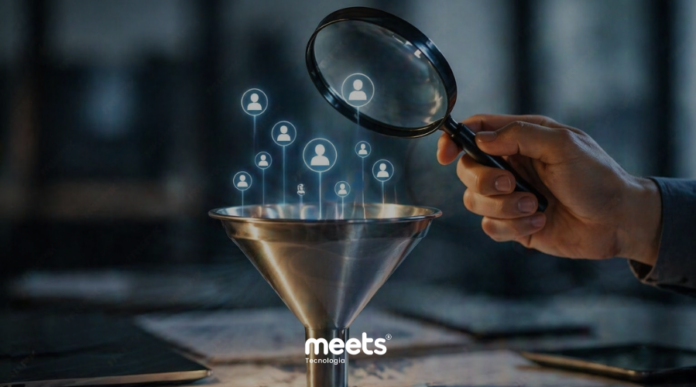 Mão segurando uma lupa analisando um funil metálico com ícones digitais de usuários, representando análise de leads e identificação de gargalos no funil de vendas com apoio de tecnologia.
