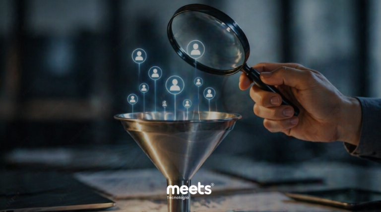Mão segurando uma lupa analisando um funil metálico com ícones digitais de usuários, representando análise de leads e identificação de gargalos no funil de vendas com apoio de tecnologia.