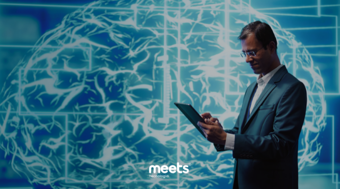 Executivo analisando dados em tablet diante de um cérebro digital conectado, representando a integração de atendimento, dados e faturamento em um sistema de inteligência artificial centralizada.