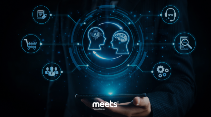 Executivo segurando smartphone com interface holográfica de inteligência artificial, mostrando múltiplos agentes conectados e simbolizando a orquestração de multiagentes no CRM.