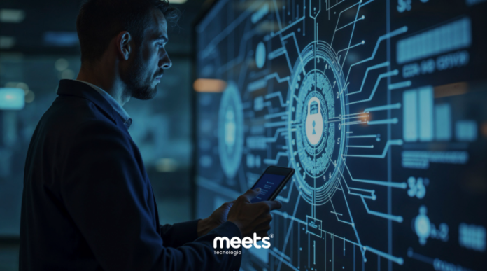 Profissional analisando painel digital de segurança com ícone de cadeado ao centro, representando proteção de dados e monitoramento de sistemas em ambiente tecnológico.