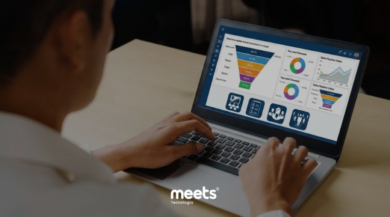 Dashboard do Meets CRM exibindo gráficos de vendas em tempo real e funil de vendas automatizado para pequenas e médias empresas.