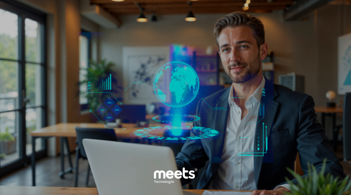 Executivo utilizando CRM com visualização holográfica global de dados e indicadores, representando gestão multi-países e centralização de operações internacionais em uma única plataforma.