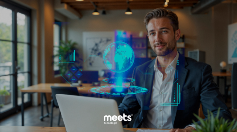 Executivo utilizando CRM com visualização holográfica global de dados e indicadores, representando gestão multi-países e centralização de operações internacionais em uma única plataforma.