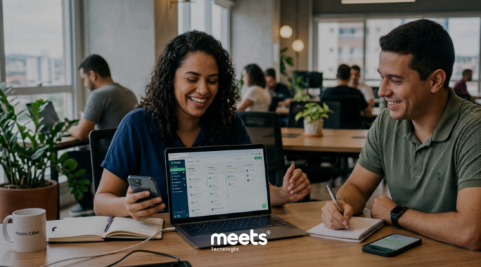 Dois profissionais sorridentes trabalhando em uma mesa de escritório moderno. Uma mulher segura um smartphone e aponta para um laptop que exibe uma tela de sistema de CRM com funil de vendas, enquanto um homem faz anotações em um caderno.